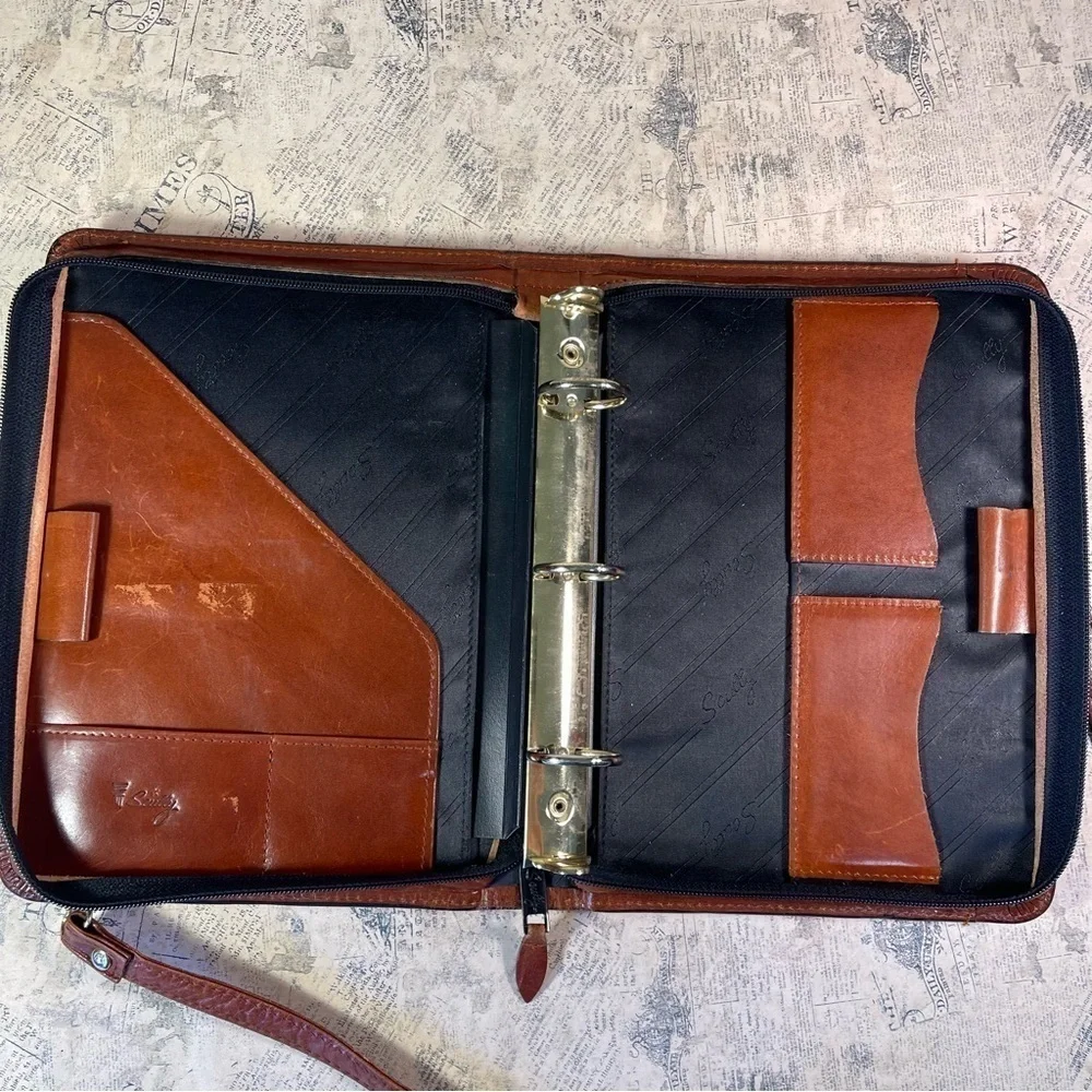Vintage Scully Brown Leather 3-Ring Binder Planner Organizer Zip Portfolio